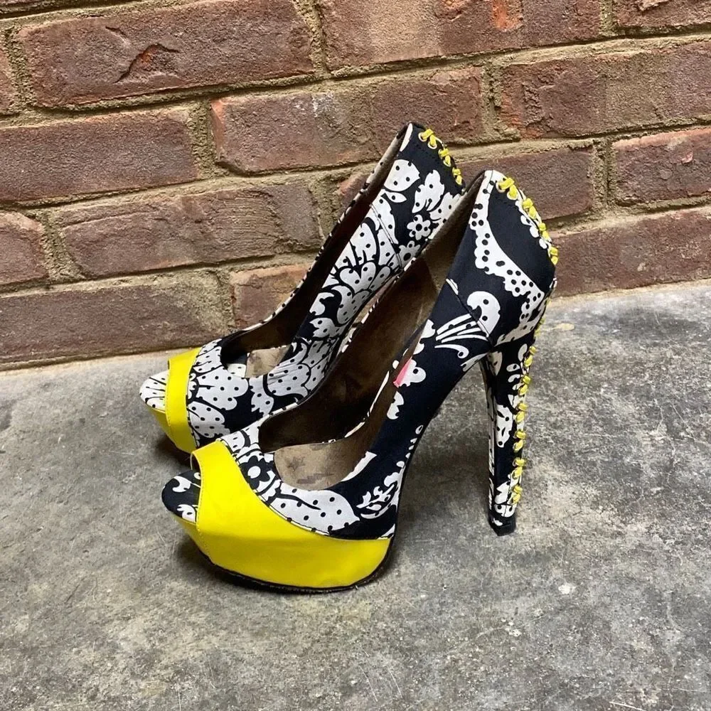 Betsey Johnson Black-White-Yellow Peep Toe Platform Stiletto Heels Size 8.5 - Picture 2 of 12
